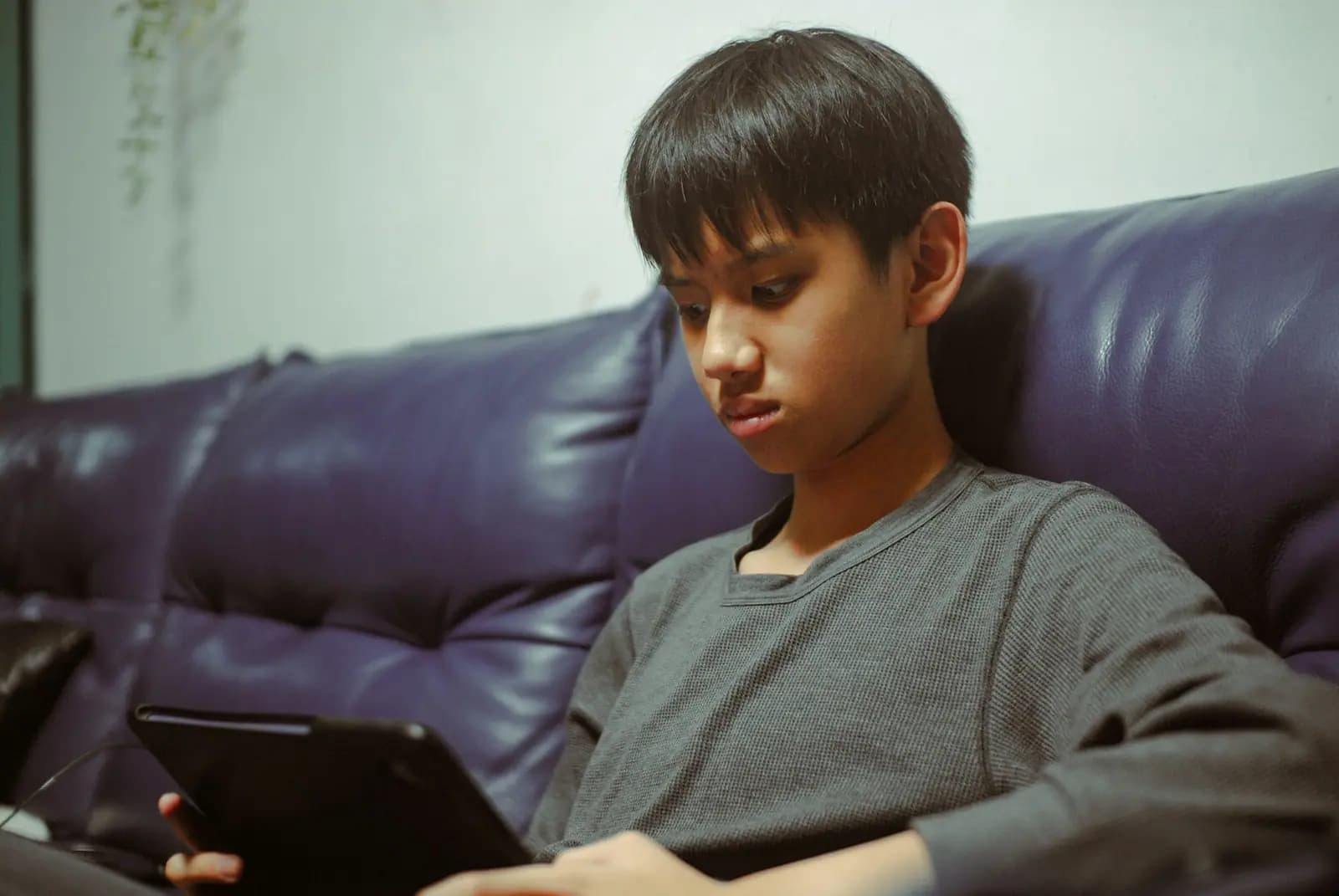 A boy sits on a dark sofa at home, looking down at a tablet in his hands